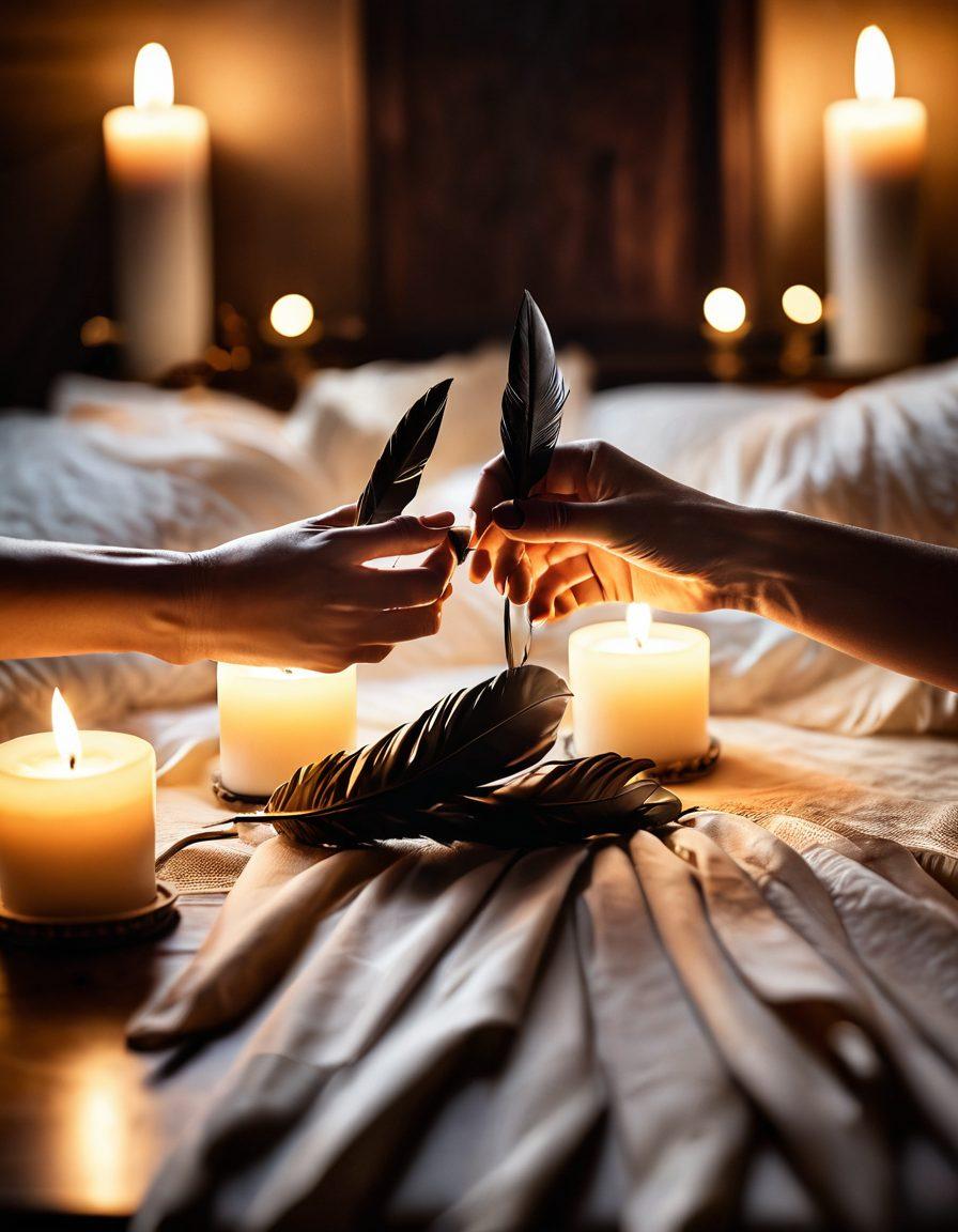 A romantic, dimly lit setting featuring a close-up of two intertwined hands holding a feather and a blindfold, symbolizing intimacy and sensual exploration. The background hints at a cozy bedroom with soft pillows and candles glowing. Warm, inviting colors evoke passion and desire. super-realistic. soft focus.