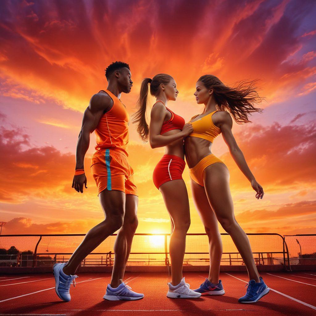 A dynamic scene depicting an athletic couple engaged in a sensual game, showcasing their passion and movement. The backdrop features a vibrant sunset with soft silhouettes of athletes in motion, symbolizing freedom and desire. Brightly colored athletic wear contrasts with the warm tones of the sky, evoking a sense of excitement and energy. Incorporate elements like flowing ribbons or playful sports equipment around them to enhance the theme of erotic athletics. vibrant colors. super-realistic.