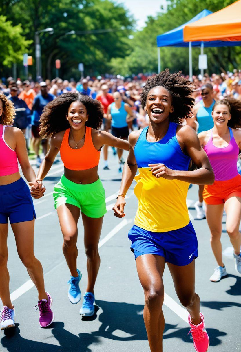 A dynamic scene showcasing adults engaged in an exciting, playful athletic competition, infused with flirtation and excitement. Participants of diverse backgrounds are wearing colorful athletic gear, smiling and laughing, amidst a vibrant outdoor setting with cheering spectators. The atmosphere is energetic, emphasizing both the thrill of competition and human connection. Use bright colors and bold lines to capture the playful essence. super-realistic. vibrant colors. outdoor setting.